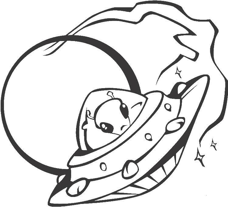 Опис: розмальовки  Інопланетянин в своїй тарілці. Категорія: Літаючі тарілки. Теги:  Космос, інопланетяни, зірки.