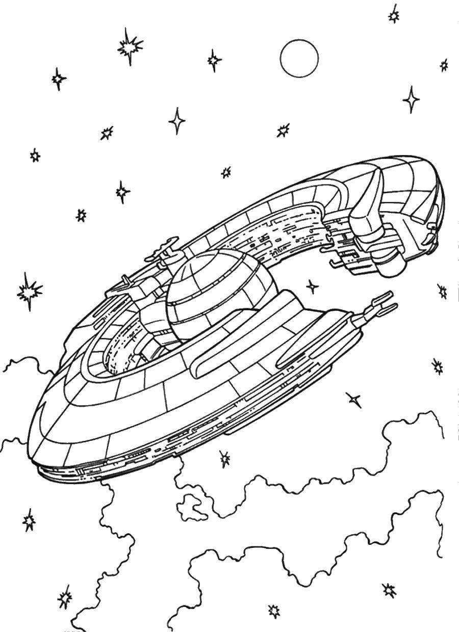 Опис: розмальовки  Космічний корабель у відкритому космосі. Категорія: космос. Теги:  - Космос, планета, Всесвіт, Галактика.