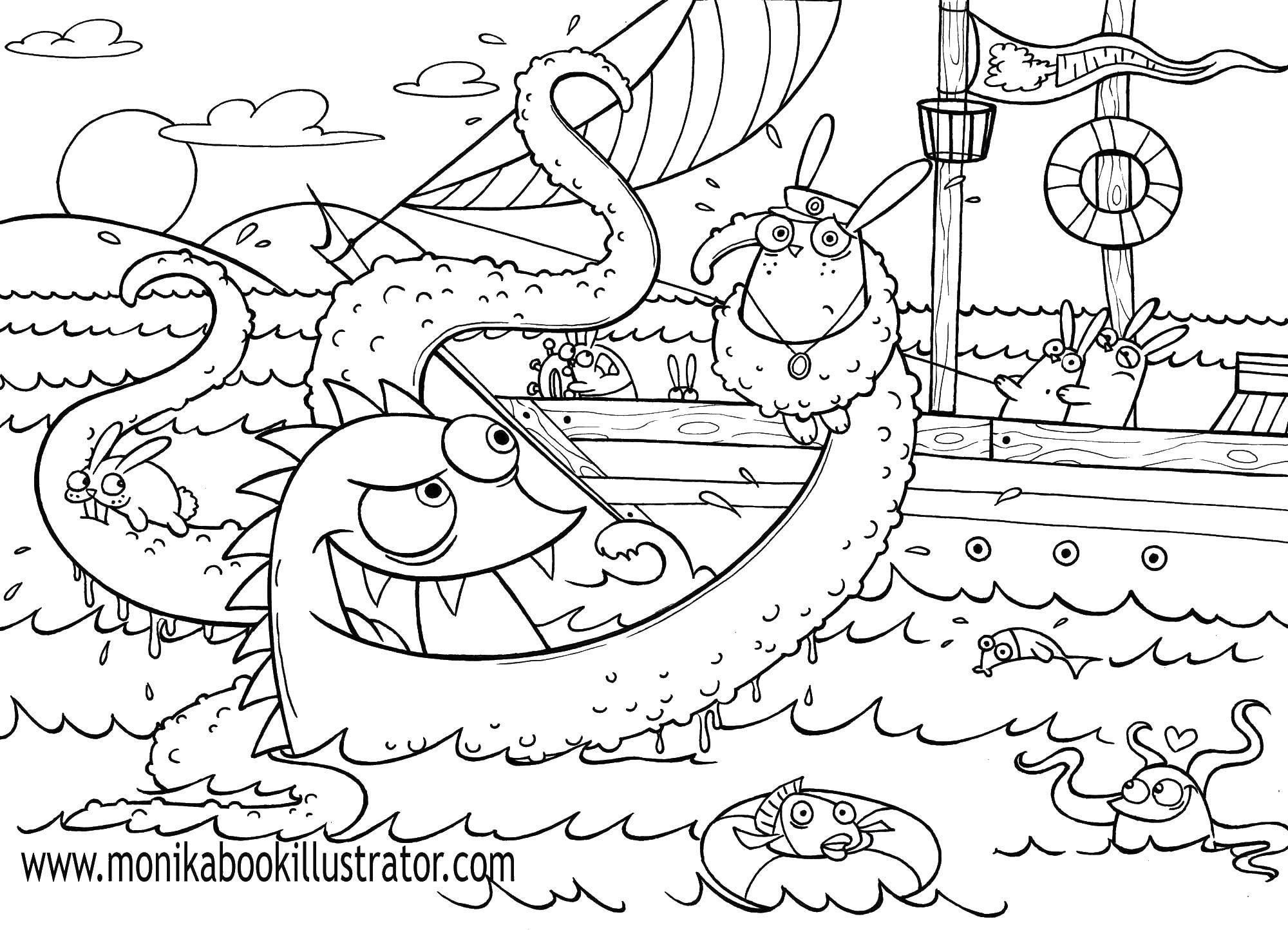 Розмальовки  Напад восьминога. Завантажити розмальовку Підводний світ.  Роздрукувати ,Монстри,