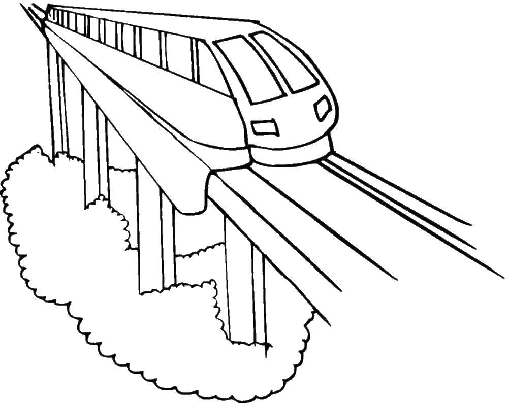 Розмальовки  Поїзд по мосту. Завантажити розмальовку Потяг, рейки.  Роздрукувати ,поїзд,