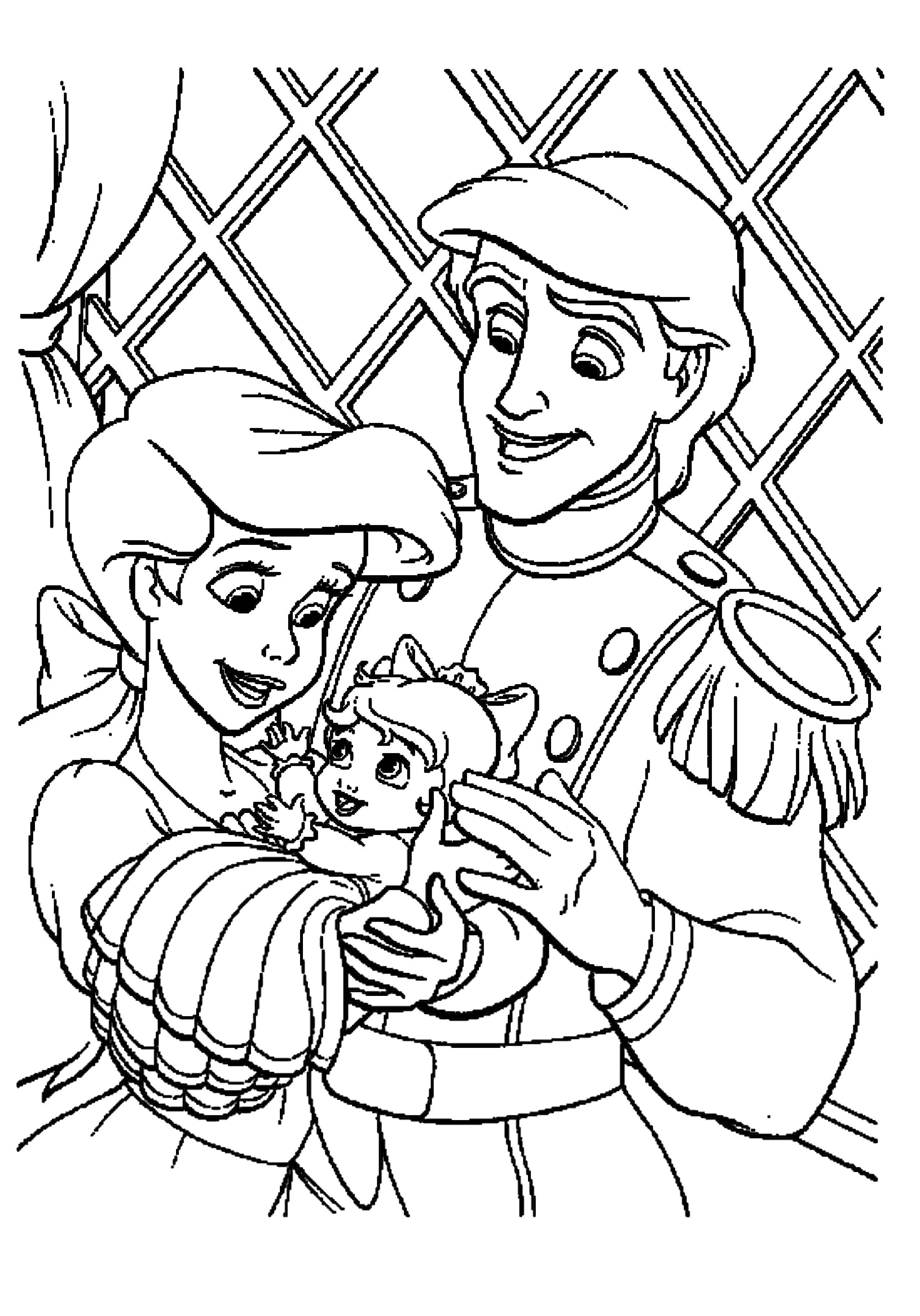 Опис: розмальовки  Принцеса аріель з принцем еріком і з донькою. Категорія: русалочка аріель. Теги:  Аріель, русалка.