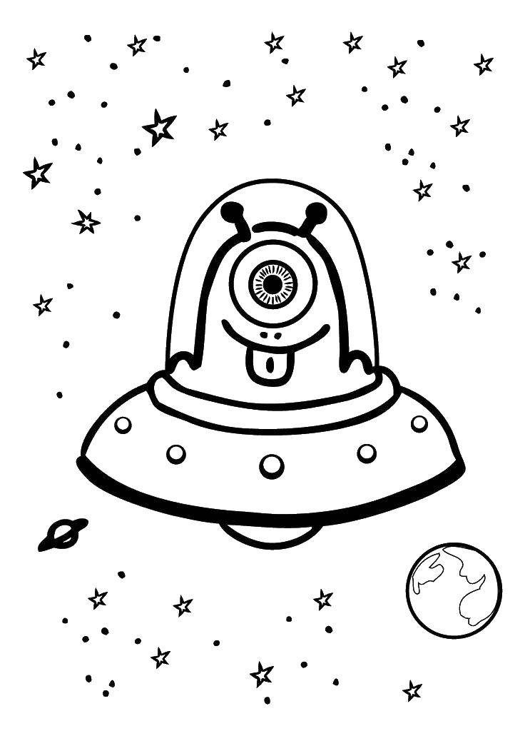 Опис: розмальовки  Прибулець на тарілці. Категорія: Літаючі тарілки. Теги:  Космос, інопланетяни, зірки.