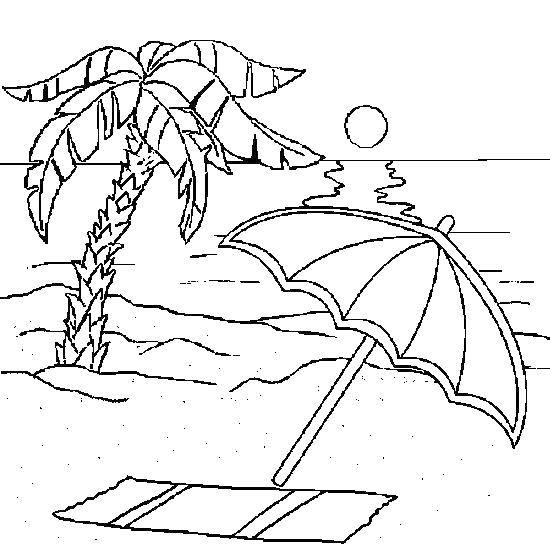 Розмальовки  Парасолька на пляжі біля пальми. Завантажити розмальовку Дерева, пальма.  Роздрукувати ,Літній пляж,