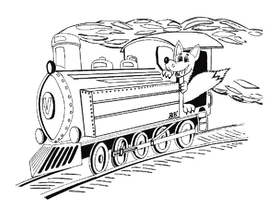 Название: Раскраска Лисёнок на поезде. Категория: поезд. Теги: Поезд, рельсы.