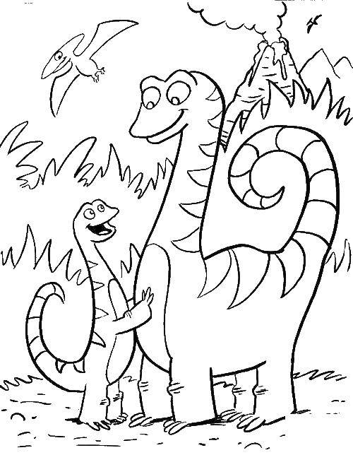 Опис: розмальовки  Динозаври у вулкана. Категорія: парк юрського періоду. Теги:  Динозаври, вулкан.