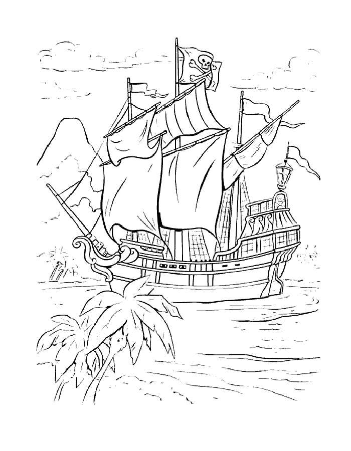 Розмальовки  Піратський корабель пропливає острів. Завантажити розмальовку Пірат, острів, скарби, корабель.  Роздрукувати ,пірати,