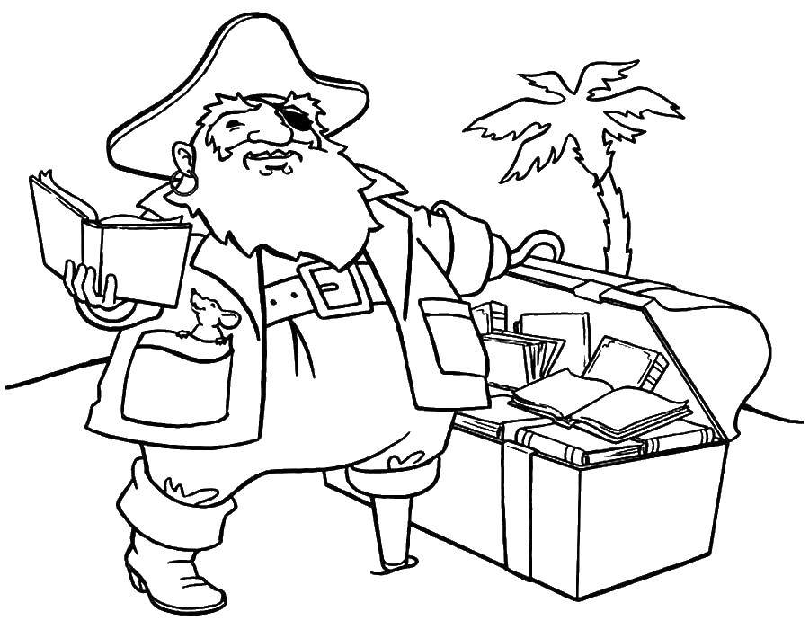 Розмальовки  Старий пірат знайшов скриню. Завантажити розмальовку Пірат, острів, скарби.  Роздрукувати ,пірати,