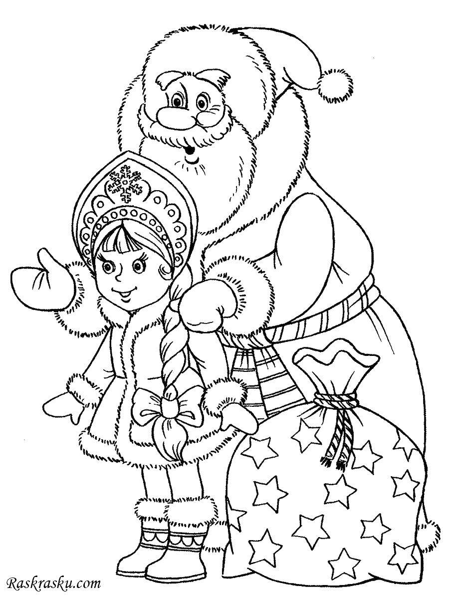 Coloring Father frost with his granddaughter. Category maiden. Tags:  New Year, Santa Claus, gifts, snow maiden.