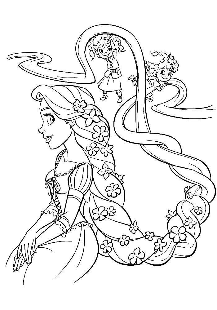 Coloring Kids play with Rapunzel hair. Category coloring pages Rapunzel tangled. Tags:  Disney, Rapunzel.