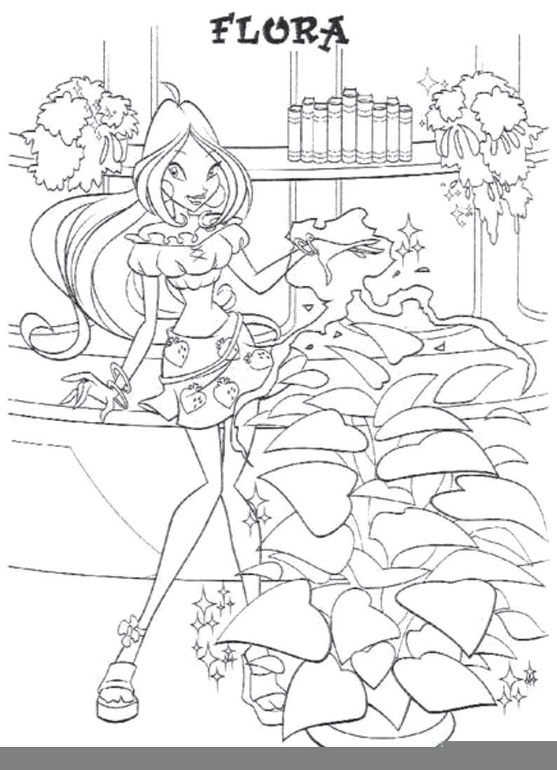 Название: Раскраска Флора управляет растениями. Категория: феи. Теги: Персонаж из мультфильма, Winx.