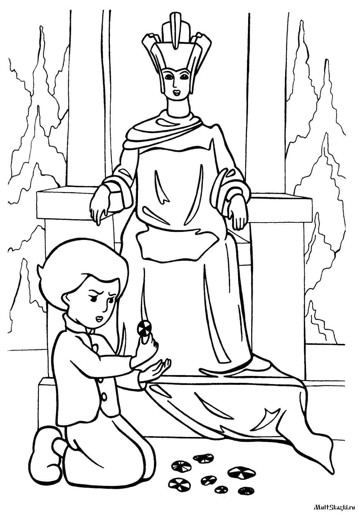 Coloring Kai and the snow Queen on the throne. Category Fairy tales. Tags:  Fairy tales.