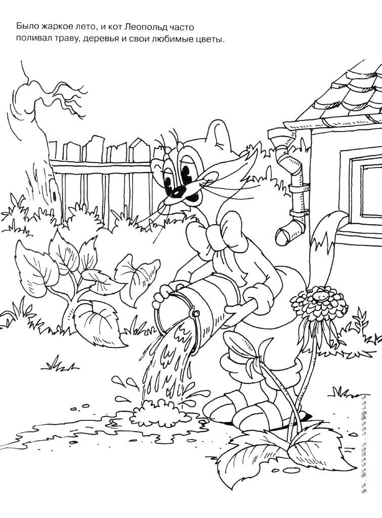 Coloring Leopold the cat is watering the garden. Category coloring cat Leopold. Tags:  Cartoon character.