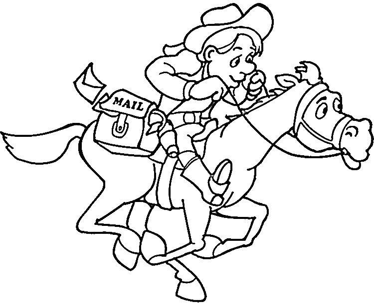 Название: Раскраска Ковбой почтальон на коне. Категория: раскраски. Теги: конь, ковбой, почта.
