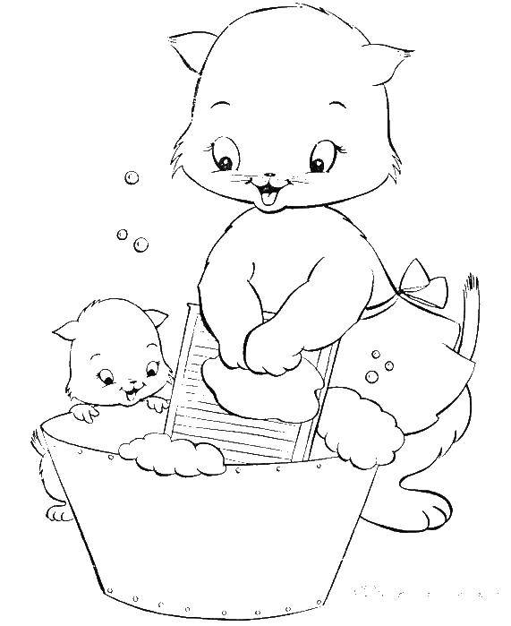 Coloring Mother cat washes a kitten. Category family animals. Tags:  mom cat, kittens.