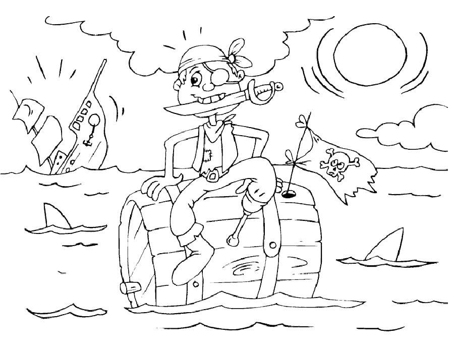 Название: Раскраска Пират разбойник плывёт на сундуке. Категория: пираты. Теги: Пират, остров, сокровища.
