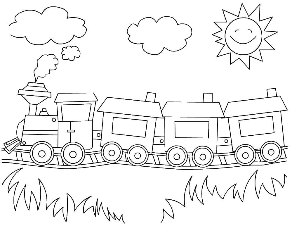 Название: Раскраска Поезд, солнышко. Категория: поезд. Теги: Поезд, рельсы, солнышко.