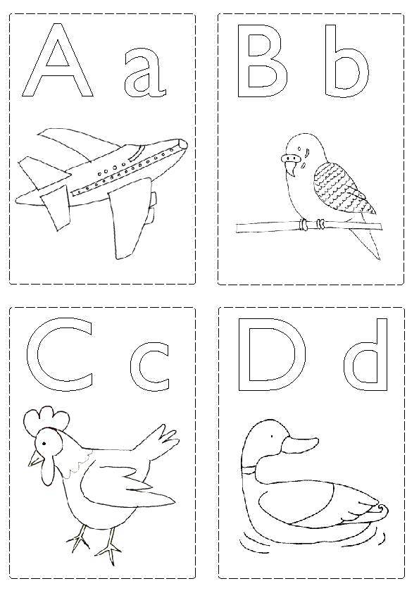 Название: Раскраска Самолётик, птица, курица и утка. Категория: Английский. Теги: Алфавит, буквы, слова.
