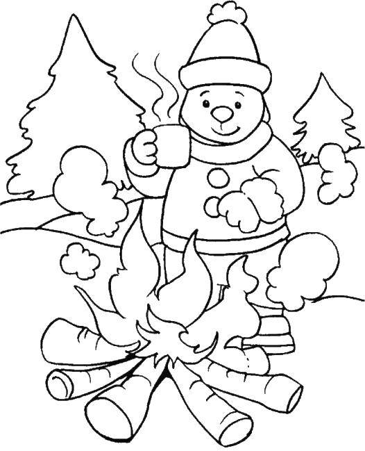 Название: Раскраска Снеговичок у костра. Категория: раскраски зима. Теги: Снеговик, снег, зима.