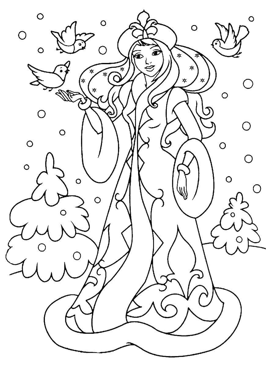 Coloring Snow maiden with birds. Category maiden. Tags:  the snow maiden, birds.