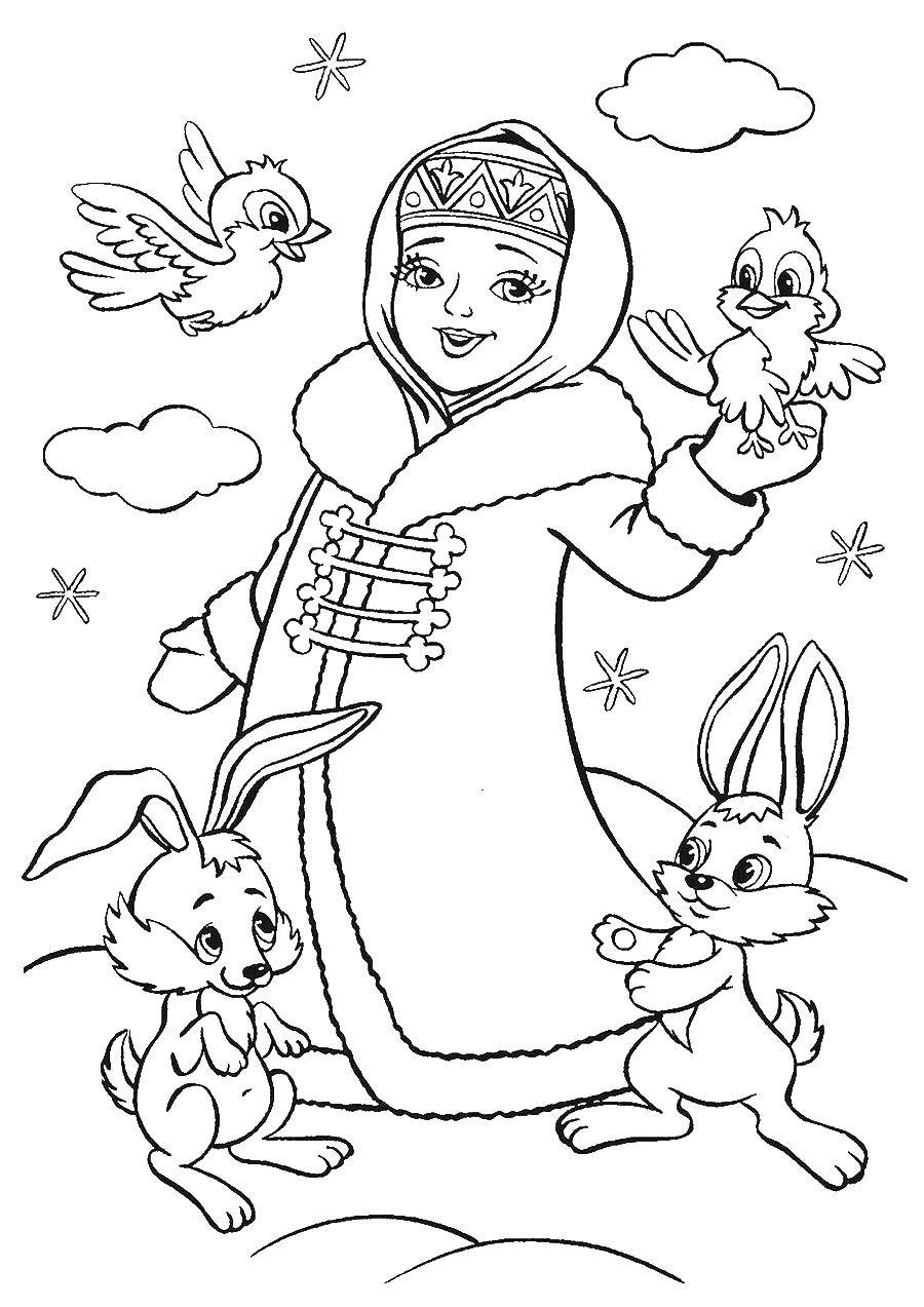 Coloring Snow maiden with animals from the forest. Category maiden. Tags:  snow maiden, animals.