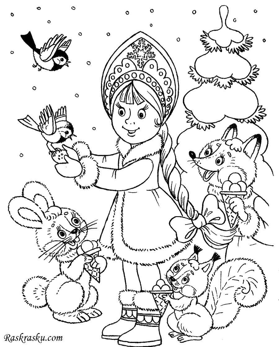Coloring Maiden surrounded by friends. Category maiden. Tags:  Snow maiden, winter, New Year.