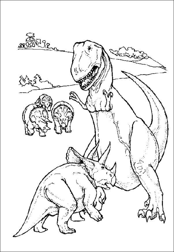 Название: Раскраска Тираннозавр против трицератопса. Категория: парк юрского периода. Теги: Динозавры, тираннозавр.