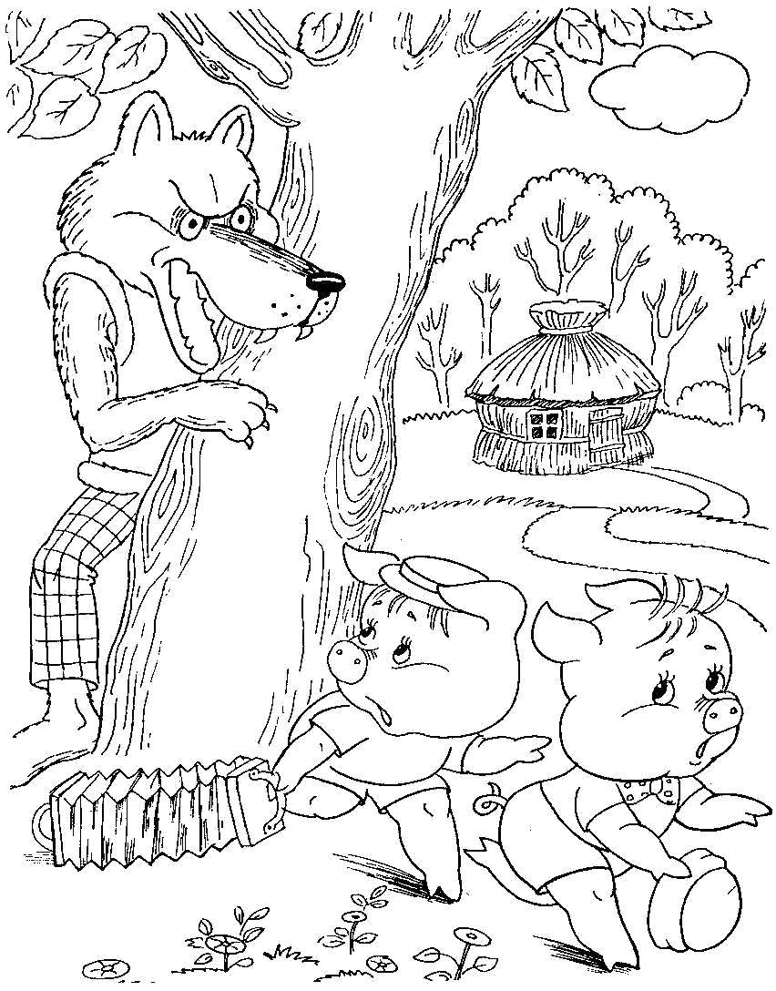 Coloring The wolf wants to attack. Category baby. Tags:  Fairy tales , Three little pigs .