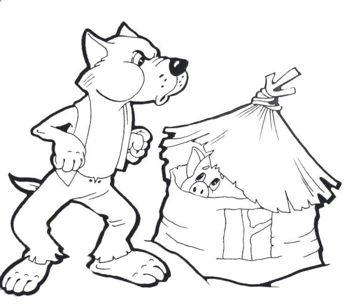 Coloring The wolf wants to blow off the roof. Category baby. Tags:  Fairy tales , Three little pigs .