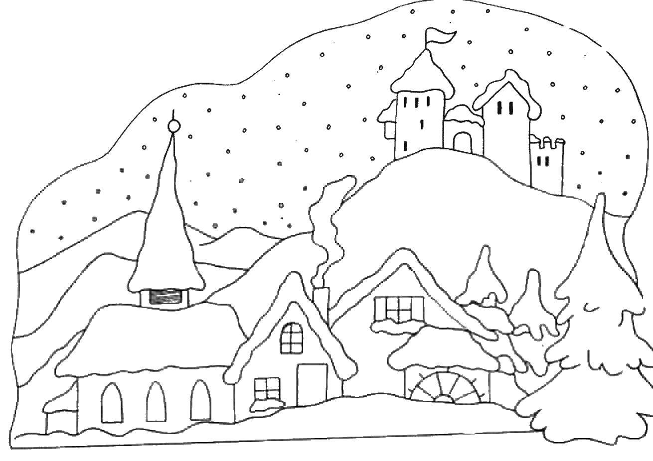 Название: Раскраска Зимний городок покрыт снегом. Категория: раскраски зима. Теги: Зима, первый снег, радость, город.