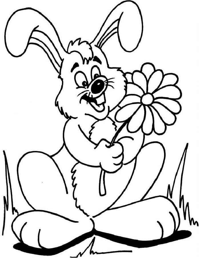 Розмальовки  Малюнок зайчика з квіткою. Завантажити розмальовку заєць, кролик.  Роздрукувати ,домашні тварини,