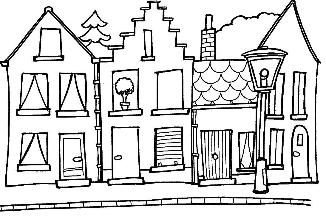 Название: Раскраска Домики уютного городка. Категория: Раскраски дом. Теги: Город, , дома, здания.