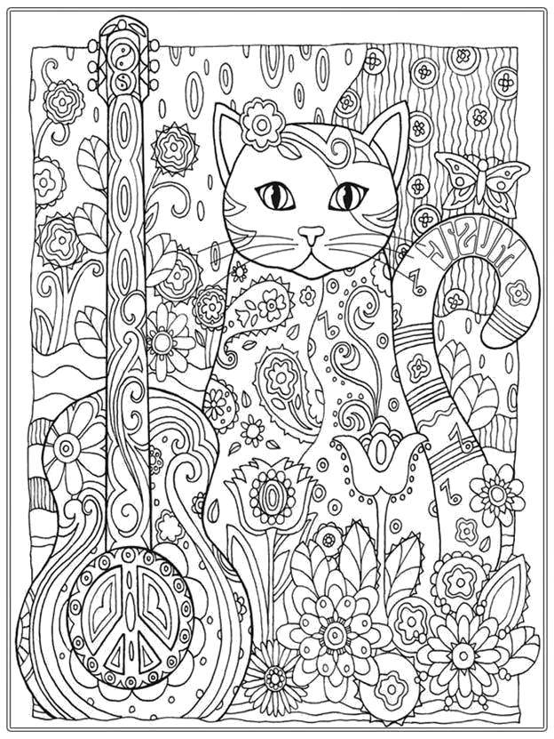 Название: Раскраска Кот и гитара из узоров. Категория: узоры. Теги: Узоры, цветы, кот, гитара.