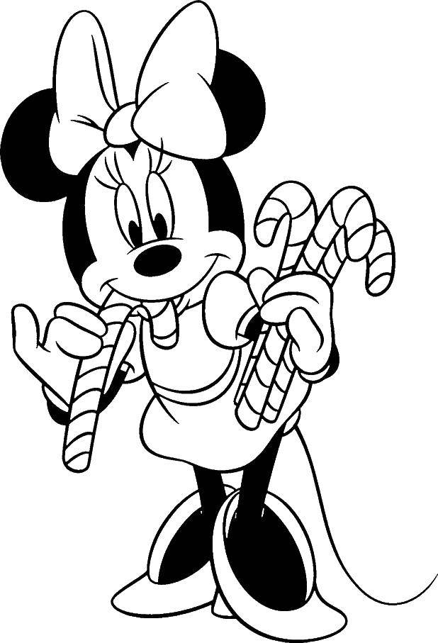 Coloring Minnie eat candy. Category Disney coloring pages. Tags:  Disney, Mickey Mouse, Minnie Mouse.