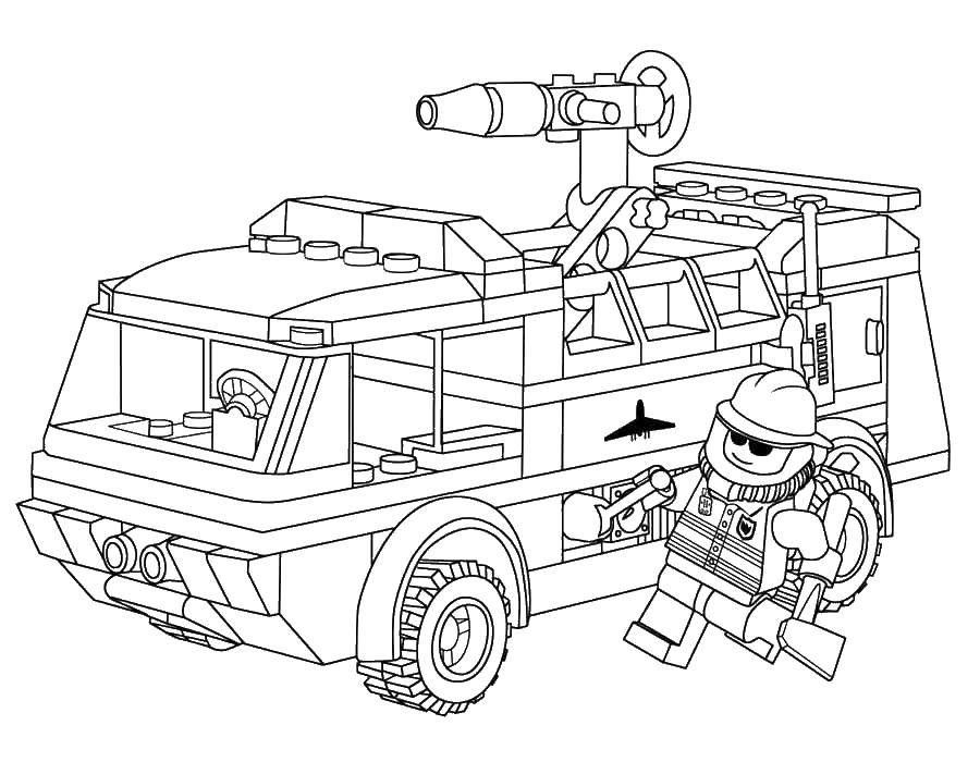Название: Раскраска Пожарная машина лего. Категория: лего. Теги: Конструктор, Лего.
