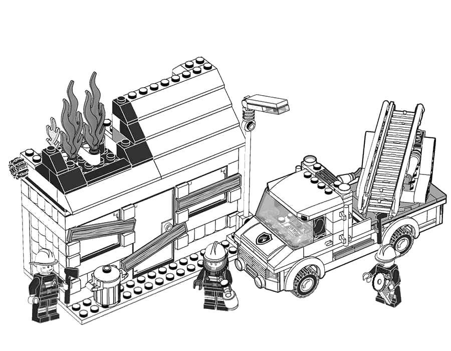 Название: Раскраска Пожарные лего тушат пожар. Категория: лего. Теги: Конструктор, Лего.