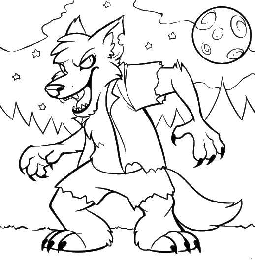 Coloring Termination into a werewolf. Category Coloring pages monsters. Tags:  Halloween, werewolf, wolf, moon, night.