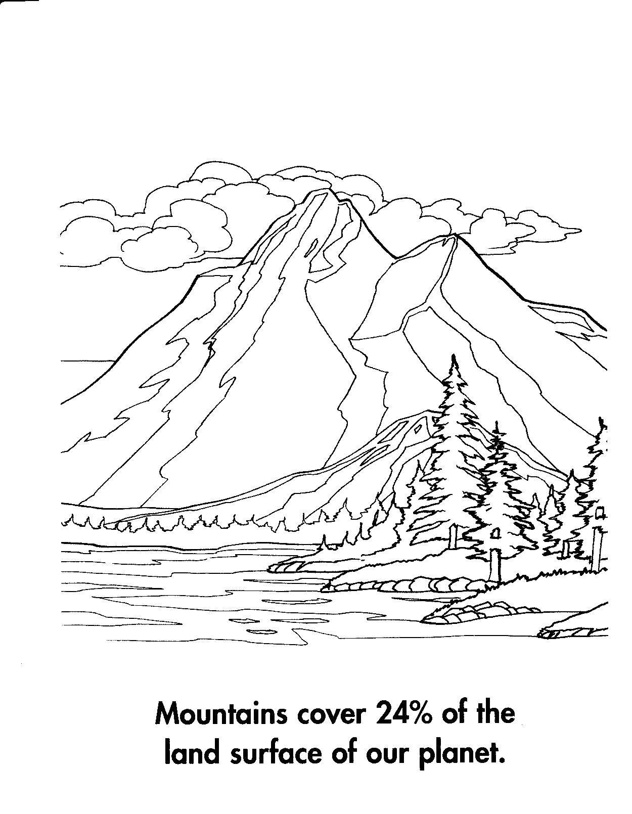Название: Раскраска Скалы занимают 24% земли на планете. Категория: Природа. Теги: Природа, лес, горы, река.