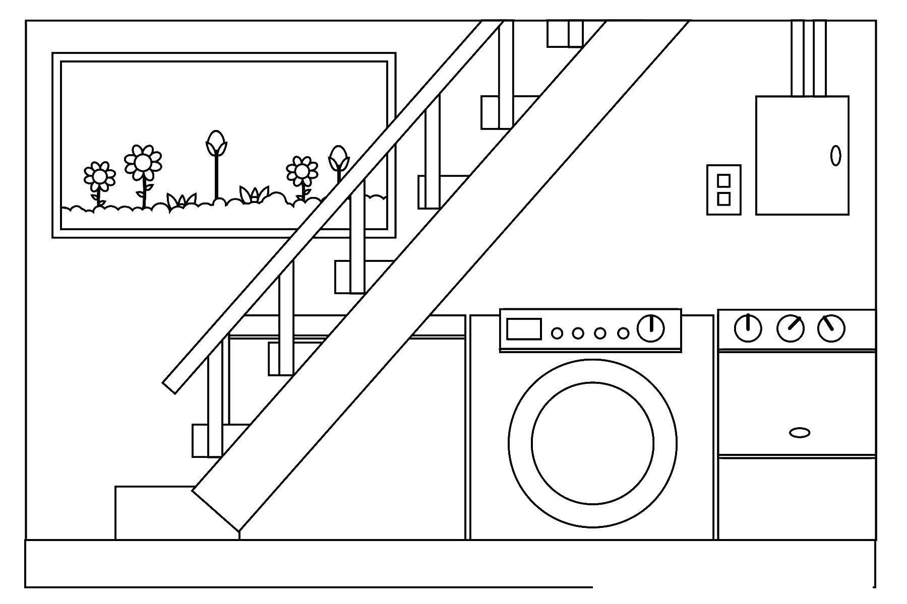 Название: Раскраска Стиральная машина под лестницей. Категория: Раскраски дом. Теги: стиральная машина, стирка.
