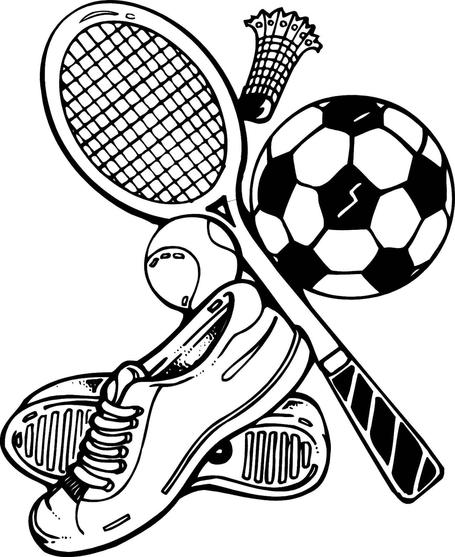 Название: Раскраска Теннисная ракетка, обувь и мячик. Категория: Спорт. Теги: Спорт, теннис, ракетка.