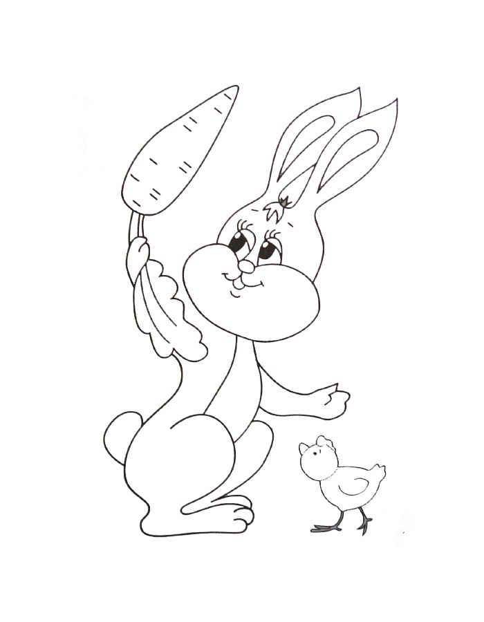Розмальовки  Малюнок зайчика з морквою і курчам. Завантажити розмальовку заєць, кролик.  Роздрукувати ,домашні тварини,