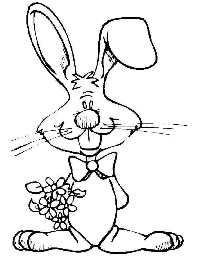 Розмальовки  Малюнок зайчика з квіткою. Завантажити розмальовку заєць, кролик.  Роздрукувати ,домашні тварини,