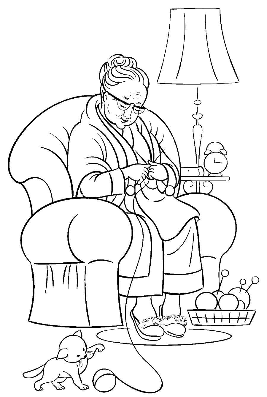 Название: Раскраска Бабушка вяжет. Категория: Кресло. Теги: котик играется с клубком, бабушка вяжет спицами, торшер.
