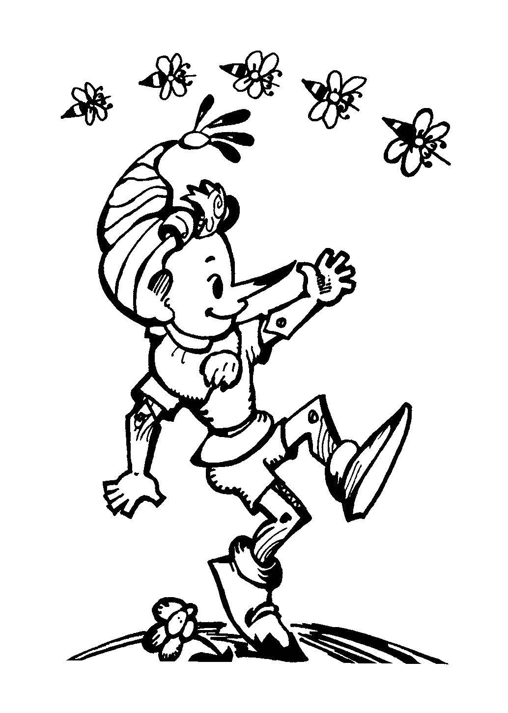 Coloring Pinocchio and the bees. Category Golden key. Tags:  Pinocchio , Golden Key, cartoon.