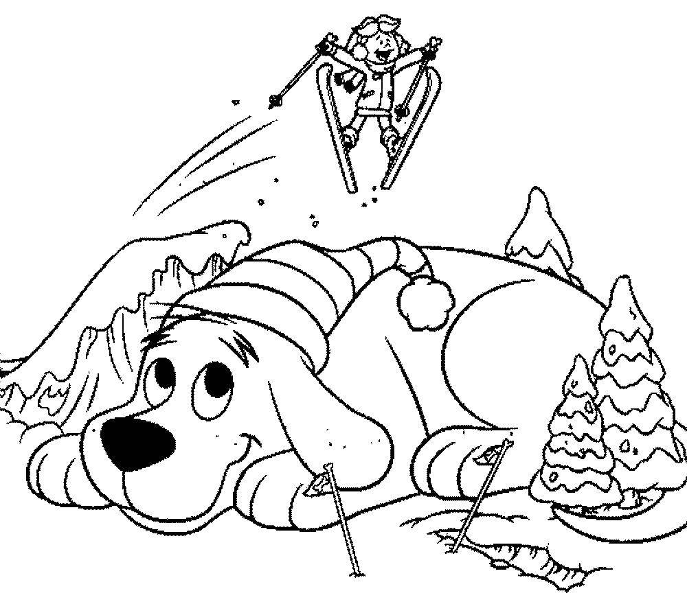 Название: Раскраска Девочка лыжница и собака. Категория: домашние животные. Теги: животные, собака, щенок, пес.