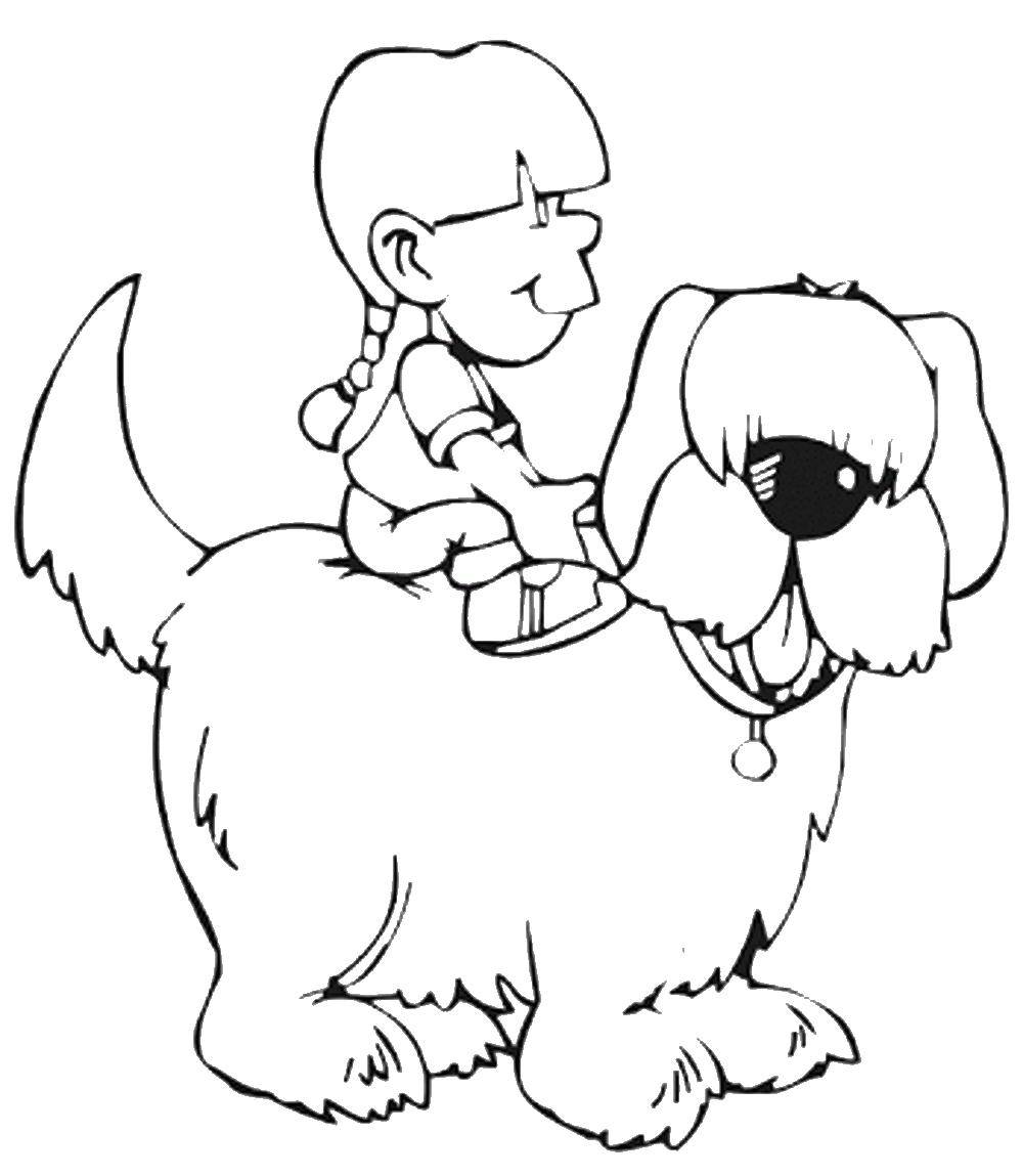 Название: Раскраска Девочка верхом на собаке. Категория: домашние животные. Теги: животные, собака, щенок, пес, девочка.