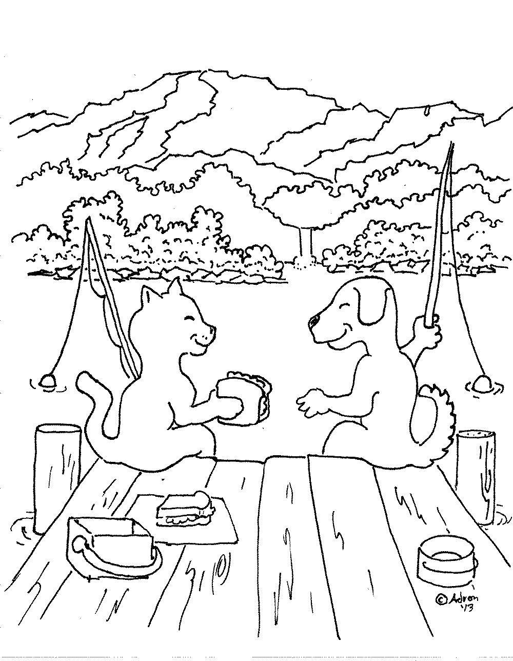 Coloring The cat and the dog at the picnic. Category Pets allowed. Tags:  animals, cat, dog, picnic.