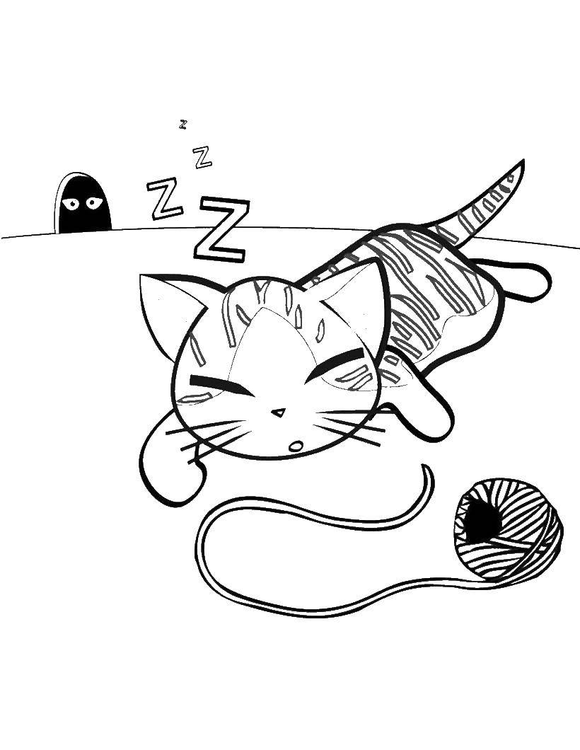 Название: Раскраска Кот с клубком. Категория: Коты и котята. Теги: клубок, кот, спать.
