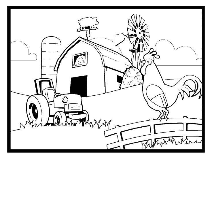 Название: Раскраска Петушок на ферме. Категория: ферма. Теги: ферма, петух, дом, трактор.