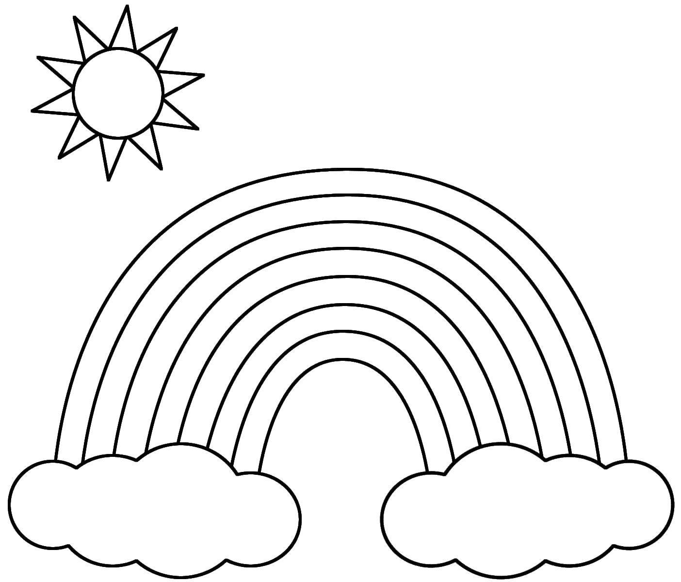 Название: Раскраска Радуга в облаках и солнце. Категория: Радуга. Теги: облако, радуга, солнце.