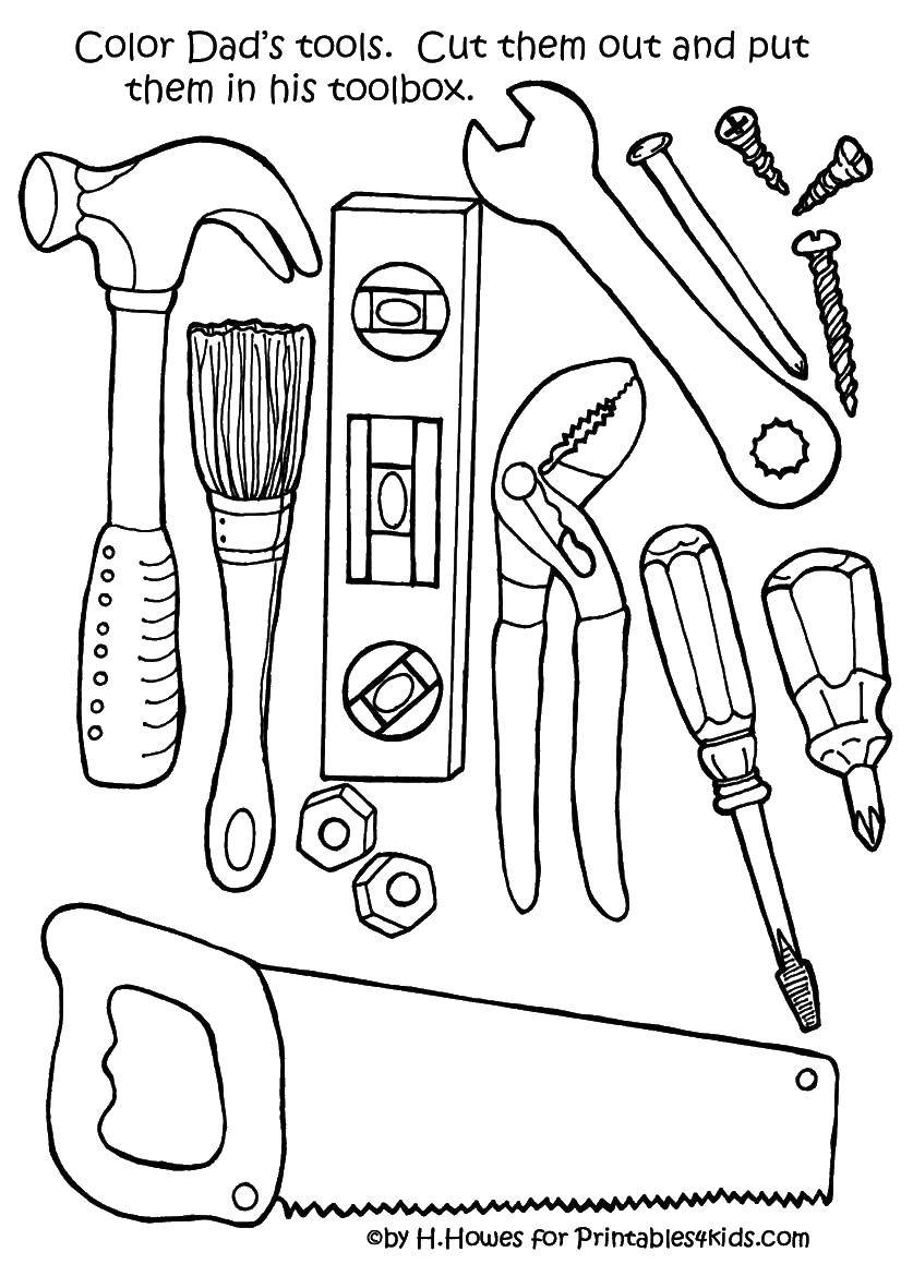 Coloring Раскрась папины инструменты. Category стройка. Tags:  Строитель, инструменты, стройка.